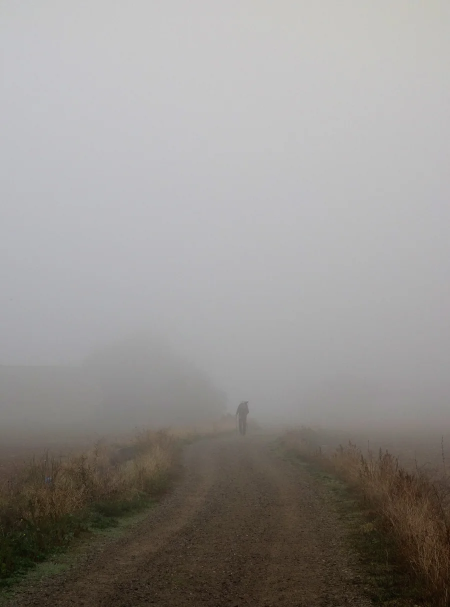 Einzelne pilgernde Person auf einem Feldweg im Morgennebel